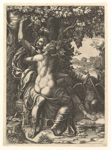Angelica a Medoro, objímající se pár, Medoro vyřezával jejich jména do kůry..., ca. 1570. od Giorgio Ghisi