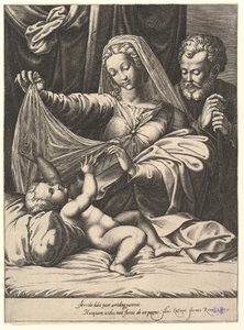 Madona z Loreta, Panna pozdvihuje závoj nad Dítětem, které leží na posteli a polštáři..., 1575. od Giorgio Ghisi