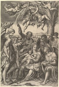 Odpočívej na útěku do Egypta, Svatá rodina pod palmou obklopená anděly, dej..., 1578. od Giorgio Ghisi