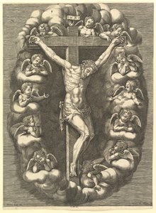 Ukřižovaný Kristus obklopený truchlícími anděly, 1575-1679. od Giorgio Ghisi