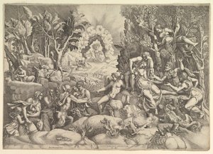Smrt Prokrise, Cephalus truchlící nad smrtí Prokrise napravo obklopen..., ca. 1540. od Giorgio Ghisi
