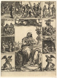 Bolestná Panna, obraz Panny Marie obklopený devíti vinětami zobrazuje..., ca. 1575. od Giorgio Ghisi