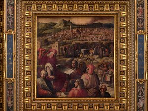 Arnolfo ukazuje plán na zvětšení Florencie od Giorgio Vasari