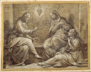 Kristus v domě Marty a Marie (pero a inkoust s mytím a kvašem, přes křídu, na papíře) od Giorgio Vasari
