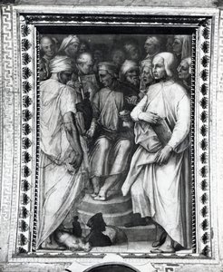Cosimo de Medici sedí mezi filozofy a umělci v Sala di Cosimo il Vecchio od Giorgio Vasari