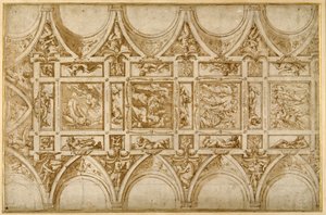 Návrh stropu refektáře jezuitské koleje v Cortoně (pero a hnědý inkoust se světle hnědým mytím) od Giorgio Vasari