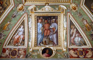 Detail pokoje Cosima de Medicis, který se představuje s umělci a intelektuály (freska od Giorgio Vasari