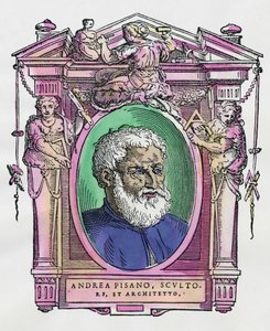 Portrét Andrea Pisano (1290-1349) italský sochař a architekt. Rytina lahůdky „Životy nejznamenitějších malířů, sochařů a architektů“ (Le Vite de