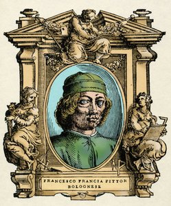Portrét Francesca FRANCIA (1450-1517) italského malíře. Rytina traktátu „“Životy nejznamenitějších malířů, sochařů a architektů“ (Le Vite de