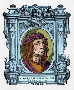 Portrét Raphaela (Raffaello Sanzio 1483 - 1520) italský architekt a malíř. Rytina lahůdky „Životy nejznamenitějších malířů, sochařů a architektů“ (Le Vite de