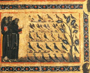 Příběhy svatého Františka: Svatý František káže ptákům, freska od Giotta (1267-1337), cca 1325. Bardi kaple Vernio, bazilika Santa Croce, Florencie. Itálie