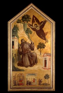 Svatý František z Assisi přijímá stigmata Tempera na dřevě od Giotta di Bondone (1266-1337) kolem 1300, ne. 3,13 x 1,63 m. - Stigmata svatého Františka. Tempera na dřevě od Giotto di Bondone (1266-1337) kolem 1295-1300. 3,13 x 1,63 m. Muzeum Louvre,