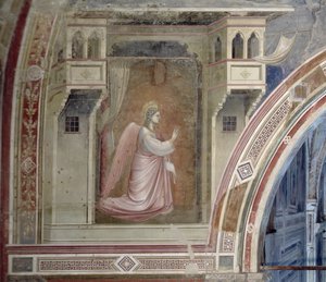 Zvěstování, detail anděla Gabriela, z lunety nad oltářem, freska kolem roku 1305 od Giotto di Bondone
