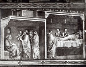 Narození sv. Jana Křtitele a jeho otec Zachariáš píšící jeho jméno od Giotto di Bondone