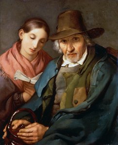 Postava staršího muže sedícího s mladým prostým obyvatelem, který si čte knihu, od Giovanniho Carnovaliho známého jako Piccio (1804-1873), olej na plátně, 72x59 cm od Giovanni Carnovali