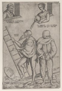 Muž leze po žebříku, zatímco žena na něj shora hází vodu, 1575-99.