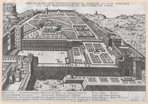 Letecký pohled na Belvedere a jeho zahrady, 1579., 1579 od Giovanni Ambrogio Brambilla.