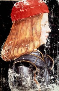 Portrét Maxmiliána Sforzy (1490 - 1530). Miniatura od Giovanniho Ambrogia De Predise (v. 1455 - 1508).