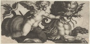 Putto krmí mořskou příšeru listem Frísové s mořskými příšerami (název série)