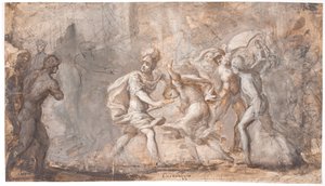 Tarpeia je rozdrcena pod štíty Sabinů od Giovanni Angelo Canini