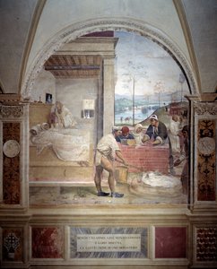 Benedikt se zjevuje dvěma mnichům a představuje jim projekt klášterní fresky ambitu od Antonia Bazzi dit il Sodoma (1477 - 1549) vyprávějící o životě svatého Benedikta z Nursie (480 - 567), zakladatele řádu benediktinů 1503 - 1508 Ab od Giovanni Antonio Bazzi Sodoma