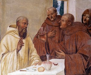 Benedikt rozbíjí sklenici otráveného vína a vytváří znamení kříže Detailní freska ambitu od Antonia Bazzi dit il Sodoma (1477 - 1549) vyprávějící o životě svatého Benedikta z Nursie (480 - 567), zakladatele řádu benediktinů 1503 - 1508 od Giovanni Antonio Bazzi Sodoma