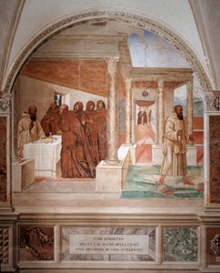 Benedikt rozbíjí sklenici s otráveným vínem a vytváří znamení křížové fresky ambitu od Antonia Bazzi dit il Sodoma (1477 - 1549) vyprávějící o životě svatého Benedikta z Nursie (480 - 567), zakladatele řádu benediktinů 1503 - 1508 opatství od Giovanni Antonio Bazzi Sodoma
