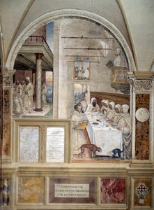 Benedikt dostává mouku v hojné míře a krmí mnichy freskou kláštera od Antonia Bazzi dit il Sodoma (1477 - 1549) vyprávějící o životě svatého Benedikta z Nursie (480 - 567), zakladatele řádu benediktinů 1503 - 1508 opatství Monte Oliveto od Giovanni Antonio Bazzi Sodoma