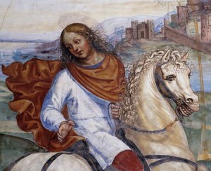 Benedikt opustil dům svého otce a odešel studovat do Říma Detail - freska ambitu realizovaná Antoniem Bazzi dit il Sodoma (1477-1549) vyprávějící o životě svatého Benedikta z Nursie (480 - 567), zakladatele řádu benediktinů 1503 - 1508 opatství od Giovanni Antonio Bazzi Sodoma