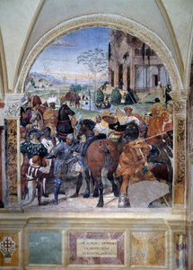 Jak Benedikt předpovídá zničení Monte Cassina (Svatý Benedikt předpovídá zničení Monte Cassina) Detail - freska ambitu od Antonia Bazzi dit il Sodoma (1477 - 1549) vyprávějící o životě svatého Benedikta z Nursie (480 - 567) fou od Giovanni Antonio Bazzi Sodoma