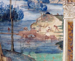 Jak svatý Maur kráčí po vodě, aby zachránil Placid (Maurus kráčí po vodě, aby zachránil Placid) - Detail Freska kláštera od Antonia Bazzi dit il Sodoma (1477-1549) vyprávějící o životě svatého Benedikta z Nursie (480 - 567) ) zakladatel Řádu od Giovanni Antonio Bazzi Sodoma