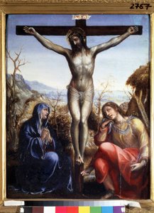 La crucifixion avec la Vierge et Jean Baptiste (Ukřižování s Pannou a Janem Křtitelem). Nápis "I.N.R.I." (INRI) na kříži. Obraz Sodomy (nebo Giovanni Antonio Bazzi od Giovanni Antonio Bazzi Sodoma