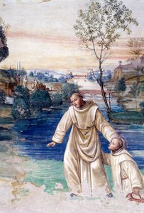 Maur jde po vodě, aby zachránil sv. Placid Detail Klášterní freska od Antonia Bazzi dit il Sodoma (1477 - 1549) vyprávějící o životě svatého Benedikta z Nursie (480 - 567), zakladatele benediktinského řádu 1503 - 1508 Opatství Monte Oliveto Maggiore, Flore od Giovanni Antonio Bazzi Sodoma