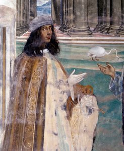 Svatý Benedikt opravuje prasklé síto Autoportrét umělce - Detail Freska ambitu realizovaná Antoniem Bazzi dit il Sodoma (1477 - 1549) vyprávějící o životě svatého Benedikta z Nursie (480 - 567), zakladatele řádu benediktinů 1503 - 1508 od Giovanni Antonio Bazzi Sodoma