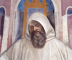 Svatý Benedikt předává vládu mnichům olivetani Detailní freska ambitu od Antonia Bazzi dit il Sodoma (1477 - 1549) vyprávějící o životě svatého Benedikta z Nursie (480 - 567), zakladatele řádu Benediktinů 1503 - 1508 opatství Monte O od Giovanni Antonio Bazzi Sodoma