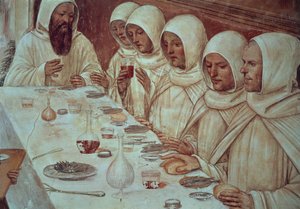 Svatý Benedikt získal dostatek mouky a nakrmil mnichy, detail ze života svatého Benedikta od Giovanni Antonio Bazzi Sodoma