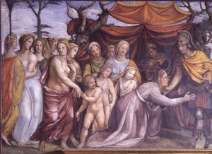 Sala delle Nozze di Alessandro e Rossana Síň svatby Alexandra Velikého 356-323 př.nl a Roxanne detail Alexandra s rodinou Daria III., freska kolem roku 1513 od Giovanni Antonio Bazzi Sodoma