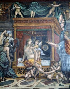 Sala delle Nozze di Alessandro e Rossana Sál sňatku Alexandra Velikého 356-323 př. n. l. a Roxany detail Roxany v ložnici, které Alexandr předává korunu, cca 1513 fr.