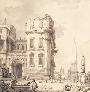 Capriccio z benátského paláce s výhledem na náměstí Piazza s obeliskem, od Giovanni Antonio Canal