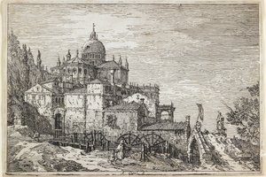 Krajina s kostelem, domy a mlýnem od Giovanni Antonio Canal