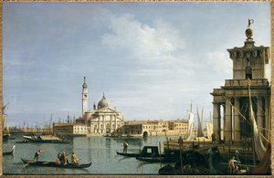 Ostrov San Giorgio Maggiore, Benátky, s Punta della Dogana a četnými plavidly od Giovanni Antonio Canal