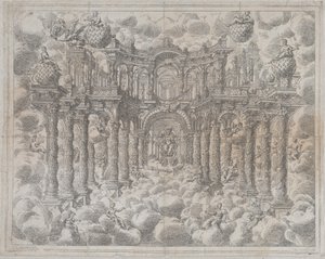 Talíř 2 [protiodolný]: Scéna s alegorickými postavami usazenými mezi mraky, s..., 1690. od Giovanni Antonio Lorenzini