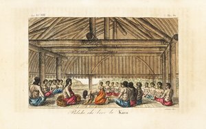 Král Polaho pije kava v dlouhém domě, Tonga (Přátelské ostrovy). Ručně kolorovaný mědiryt vyrytý Sasso podle Johna Webbera z Giulio Ferrario