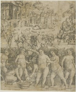 Sedm Amorů se dvěma berany v krajině od Giovanni Antonio da Brescia