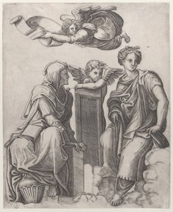 Dvě ženské postavy sedící v oblacích lemující anděla a další létající nad ..., ca. 1510-25. od Giovanni Antonio da Brescia