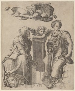 Dvě Sibyly a anděl od Giovanni Antonio da Brescia after Raphael