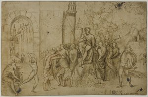 Akrobaté předvádějící se před vládcem (recto); venkovní scéna se skupinou postav (verso) od Giovanni Antonio da Pordenone