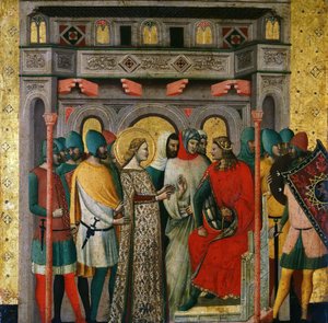 Saint Columba před císařem Aurelianem Scény ze života svatého Columba, 1345-1350.