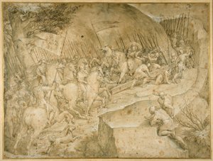 Cesta na Kalvárii (pero a hnědý inkoust s hnědým praním) od Giovanni Battista  Castello