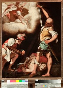 Dekolace svatého Jana Křtitele Muž se snaží zvednout hlavu světce a položit ji na plošinu (Stětí sv. Jana Křtitele) Obraz Il Cerano (Giovan Battista Crespi) (1567/8-1632), Genes, Musei di Strada Nuova (inv n PB 2812)